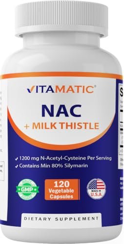 Vitamatic NAC Supplement mit Mariendistel 50:1 Extrakt - Unterstützt Immun-, Atemwegs- und Lebergesundheit, 1200 mg pro Portion, 120 vegane Kapseln