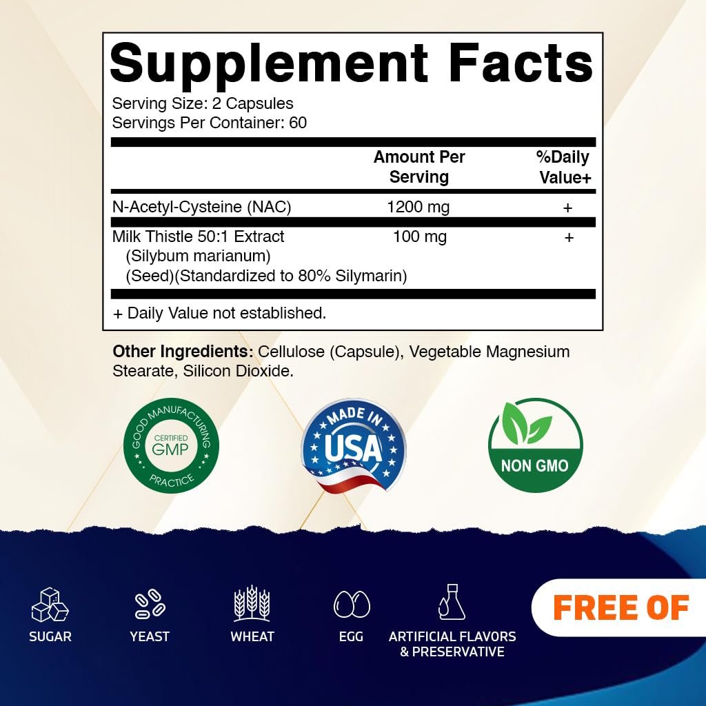 Vitamatic NAC Supplement mit Mariendistel 50:1 Extrakt - Unterstützt Immun-, Atemwegs- und Lebergesundheit, 1200 mg pro Portion, 120 vegane Kapseln