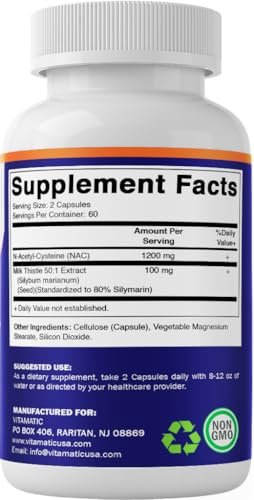 Vitamatic NAC Supplement mit Mariendistel 50:1 Extrakt - Unterstützt Immun-, Atemwegs- und Lebergesundheit, 1200 mg pro Portion, 120 vegane Kapseln