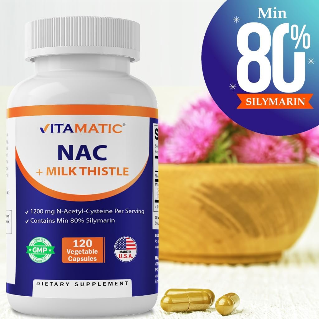 Vitamatic NAC Supplement mit Mariendistel 50:1 Extrakt - Unterstützt Immun-, Atemwegs- und Lebergesundheit, 1200 mg pro Portion, 120 vegane Kapseln