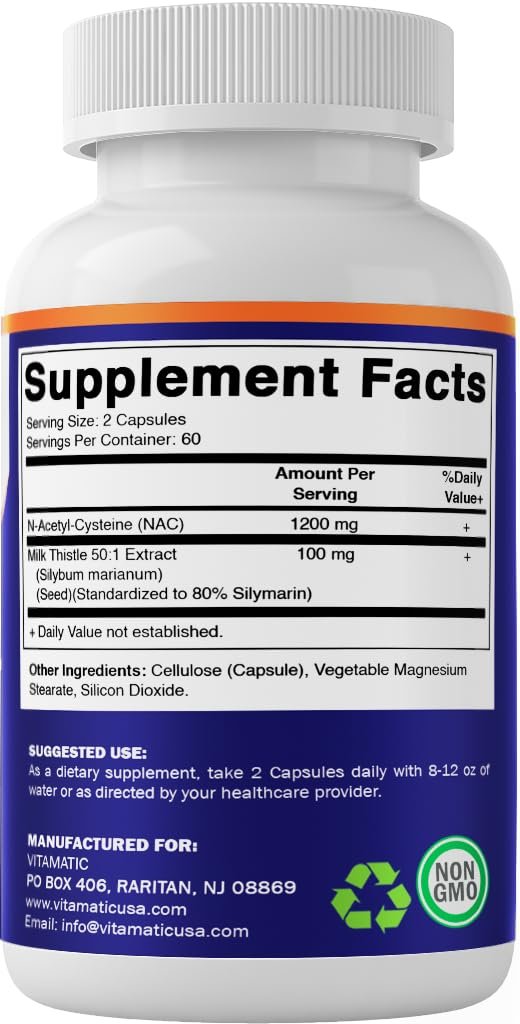 Vitamatic NAC Supplement mit Mariendistel 50:1 Extrakt - Unterstützt Immun-, Atemwegs- und Lebergesundheit, 1200 mg pro Portion, 120 vegane Kapseln