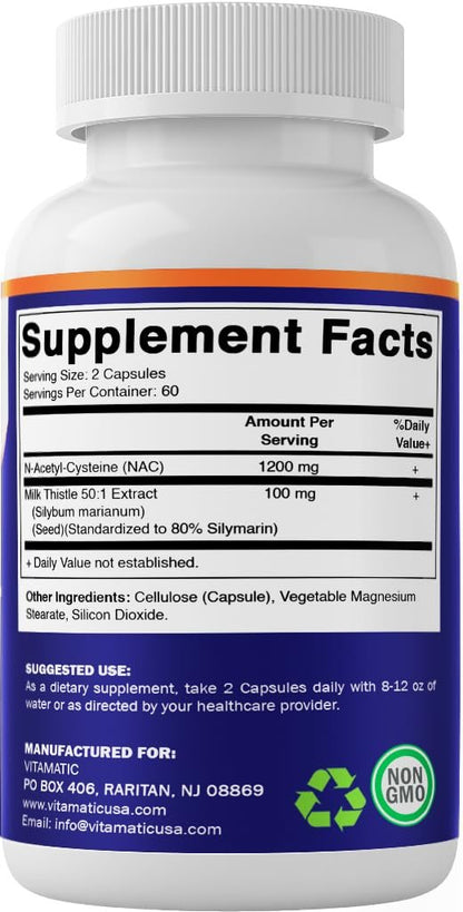 Vitamatic NAC Supplement mit Mariendistel 50:1 Extrakt - Unterstützt Immun-, Atemwegs- und Lebergesundheit, 1200 mg pro Portion, 120 vegane Kapseln