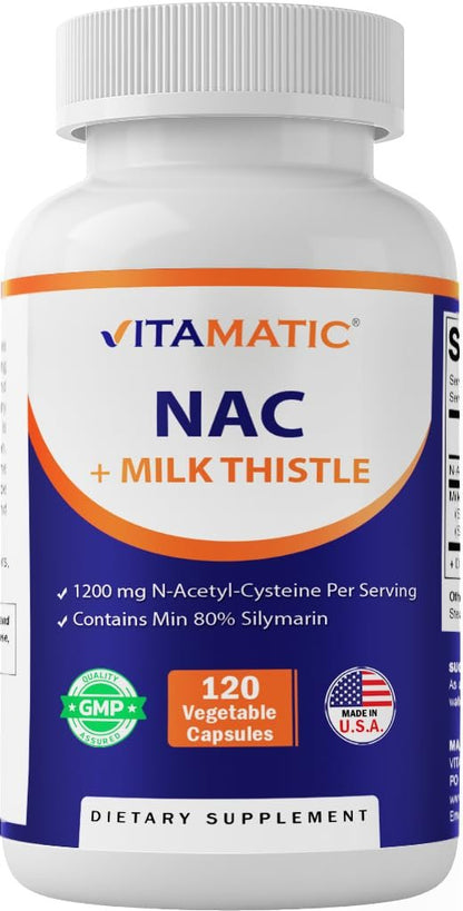 Vitamatic NAC Supplement mit Mariendistel 50:1 Extrakt - Unterstützt Immun-, Atemwegs- und Lebergesundheit, 1200 mg pro Portion, 120 vegane Kapseln