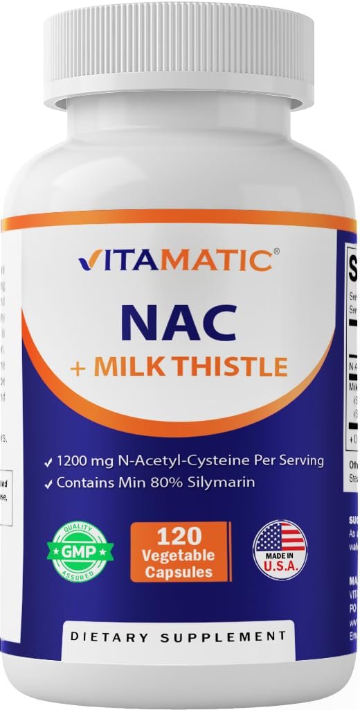 Vitamatic NAC Supplement mit Mariendistel 50:1 Extrakt - Unterstützt Immun-, Atemwegs- und Lebergesundheit, 1200 mg pro Portion, 120 vegane Kapseln