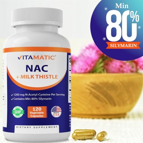 Vitamatic NAC Supplement mit Mariendistel 50:1 Extrakt - Unterstützt Immun-, Atemwegs- und Lebergesundheit, 1200 mg pro Portion, 120 vegane Kapseln