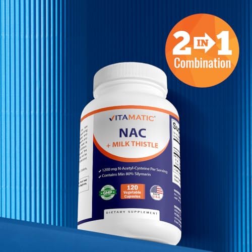 Vitamatic NAC Supplement mit Mariendistel 50:1 Extrakt - Unterstützt Immun-, Atemwegs- und Lebergesundheit, 1200 mg pro Portion, 120 vegane Kapseln