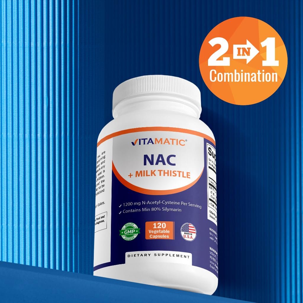 Vitamatic NAC Supplement mit Mariendistel 50:1 Extrakt - Unterstützt Immun-, Atemwegs- und Lebergesundheit, 1200 mg pro Portion, 120 vegane Kapseln