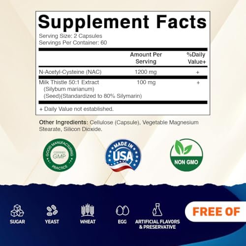 Vitamatic NAC Supplement mit Mariendistel 50:1 Extrakt - Unterstützt Immun-, Atemwegs- und Lebergesundheit, 1200 mg pro Portion, 120 vegane Kapseln