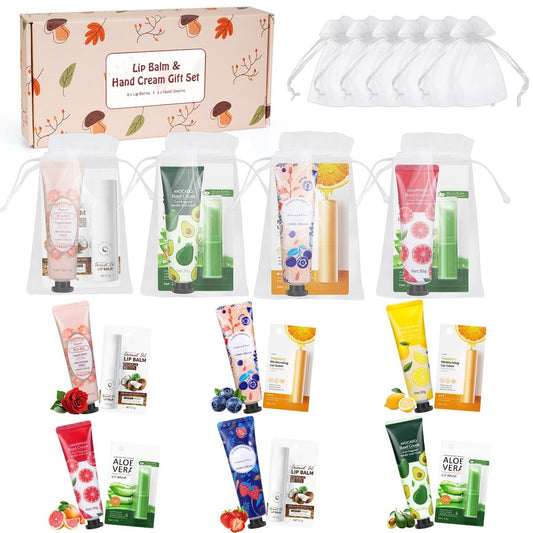 6er Set Lippenbalsam & Handcreme Geschenkset für Frauen, 6 Lip Balm Bulk + 6 Organza Beutel + 6 Handlotion, Braut Hochzeitsgeschenk für Gäste, Weihnachtsgeschenke, Lehrer-Dankeschön-Geschenke