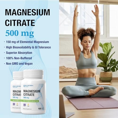 Magnesiumcitrat 500 mg | Hochdosiertes Elementares Magnesium | 180 vegane Kapseln, Hervorragende Absorption, Nicht-GVO, Ohne Gluten und Laktose