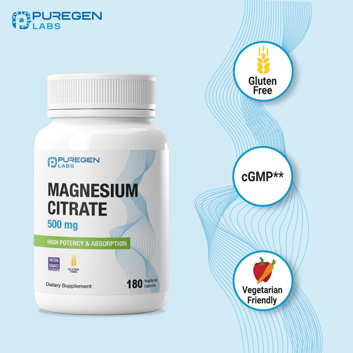 Magnesiumcitrat 500 mg | Hochdosiertes Elementares Magnesium | 180 vegane Kapseln, Hervorragende Absorption, Nicht-GVO, Ohne Gluten und Laktose