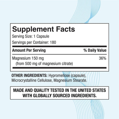 Magnesiumcitrat 500 mg | Hochdosiertes Elementares Magnesium | 180 vegane Kapseln, Hervorragende Absorption, Nicht-GVO, Ohne Gluten und Laktose