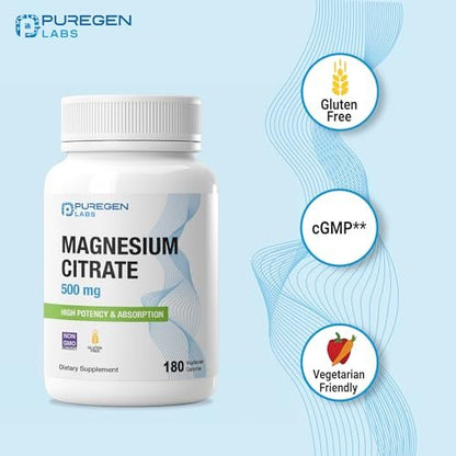 Magnesiumcitrat 500 mg | Hochdosiertes Elementares Magnesium | 180 vegane Kapseln, Hervorragende Absorption, Nicht-GVO, Ohne Gluten und Laktose