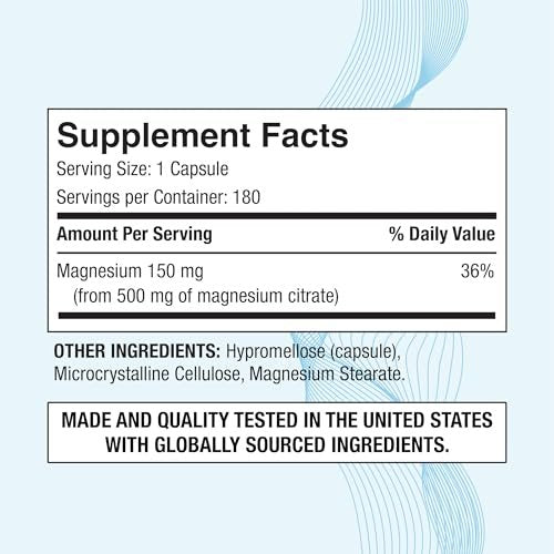 Magnesiumcitrat 500 mg | Hochdosiertes Elementares Magnesium | 180 vegane Kapseln, Hervorragende Absorption, Nicht-GVO, Ohne Gluten und Laktose