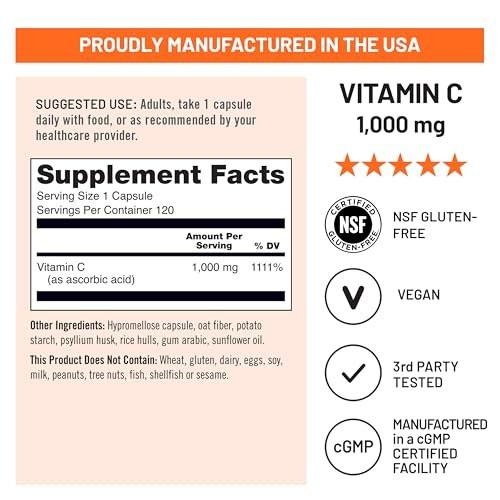NatureWise Vitamin C 1000mg Kapseln – Hochdosiertes veganes Vitamin C für tägliche Antioxidans- & Immununterstützung – Nicht-GMO, hergestellt in den USA – 120 Kapseln [120-Tage-Vorrat]