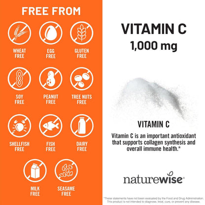 NatureWise Vitamin C 1000mg Kapseln – Hochdosiertes veganes Vitamin C für tägliche Antioxidans- & Immununterstützung – Nicht-GMO, hergestellt in den USA – 120 Kapseln [120-Tage-Vorrat]