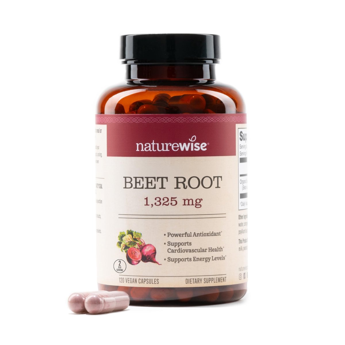 NatureWise Rote-Bete-Kapseln 1325 mg mit Bio-Rote-Bete - Stickstoffmonoxid-Booster für Kreislauf und Herzgesundheit - Vegan, glutenfrei, ohne Gentechnik - 120 Kapseln (60 Tage Vorrat)