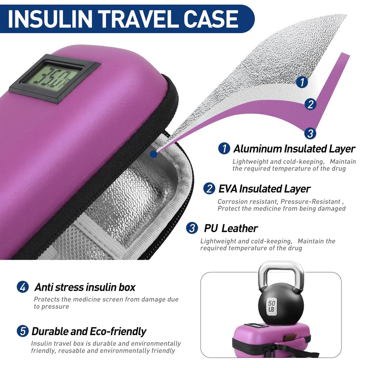 Medineed Insulin Kühlbox Reiseetui – Tragbare Temperaturanzeige, Diabetes Zubehör mit 2 wiederverwendbaren Kühlakkus, TSA-geprüft, Patent angemeldet (Lila)