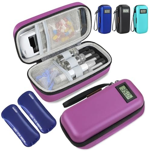 Medineed Insulin Kühlbox Reiseetui – Tragbare Temperaturanzeige, Diabetes Zubehör mit 2 wiederverwendbaren Kühlakkus, TSA-geprüft, Patent angemeldet (Lila)