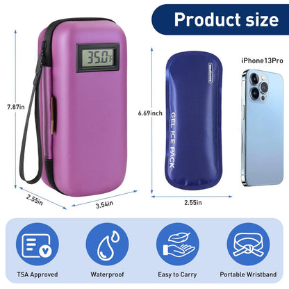 Medineed Insulin Kühlbox Reiseetui – Tragbare Temperaturanzeige, Diabetes Zubehör mit 2 wiederverwendbaren Kühlakkus, TSA-geprüft, Patent angemeldet (Lila)