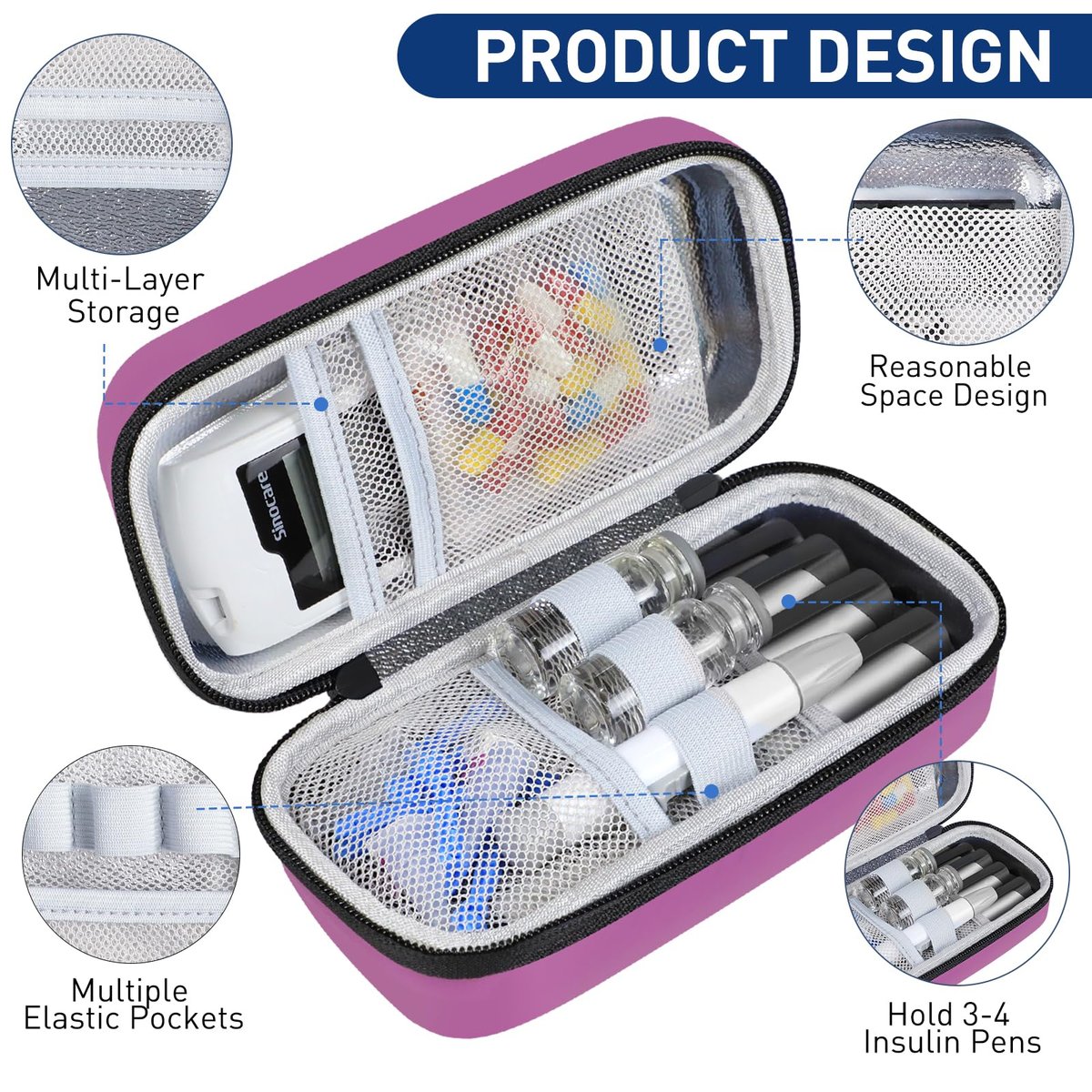 Medineed Insulin Kühlbox Reiseetui – Tragbare Temperaturanzeige, Diabetes Zubehör mit 2 wiederverwendbaren Kühlakkus, TSA-geprüft, Patent angemeldet (Lila)