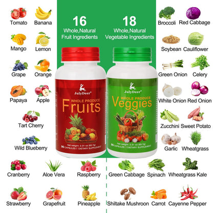 Frucht- und Gemüse-Ergänzung mit natürlichen Inhaltsstoffen – 2 Flaschen, 180 Kapseln insgesamt | Ausgewogene Mischung aus 16+18 ganzen Früchten & Gemüse | Frische Superfood-Formel mit Vitaminen und Mineralien