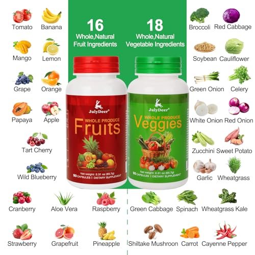 Frucht- und Gemüse-Ergänzung mit natürlichen Inhaltsstoffen – 2 Flaschen, 180 Kapseln insgesamt | Ausgewogene Mischung aus 16+18 ganzen Früchten & Gemüse | Frische Superfood-Formel mit Vitaminen und Mineralien