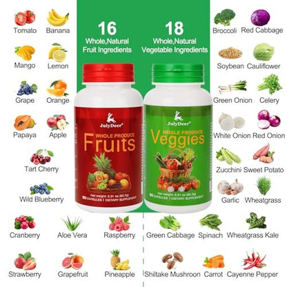 Frucht- und Gemüse-Ergänzung mit natürlichen Inhaltsstoffen – 2 Flaschen, 180 Kapseln insgesamt | Ausgewogene Mischung aus 16+18 ganzen Früchten & Gemüse | Frische Superfood-Formel mit Vitaminen und Mineralien