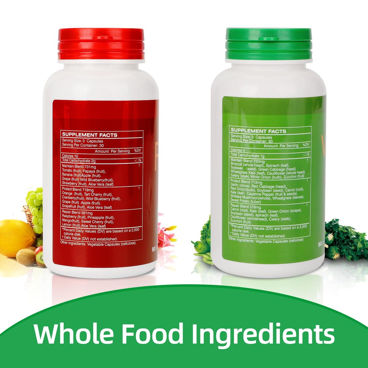 Frucht- und Gemüse-Ergänzung mit natürlichen Inhaltsstoffen – 2 Flaschen, 180 Kapseln insgesamt | Ausgewogene Mischung aus 16+18 ganzen Früchten & Gemüse | Frische Superfood-Formel mit Vitaminen und Mineralien