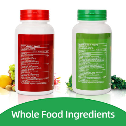 Frucht- und Gemüse-Ergänzung mit natürlichen Inhaltsstoffen – 2 Flaschen, 180 Kapseln insgesamt | Ausgewogene Mischung aus 16+18 ganzen Früchten & Gemüse | Frische Superfood-Formel mit Vitaminen und Mineralien