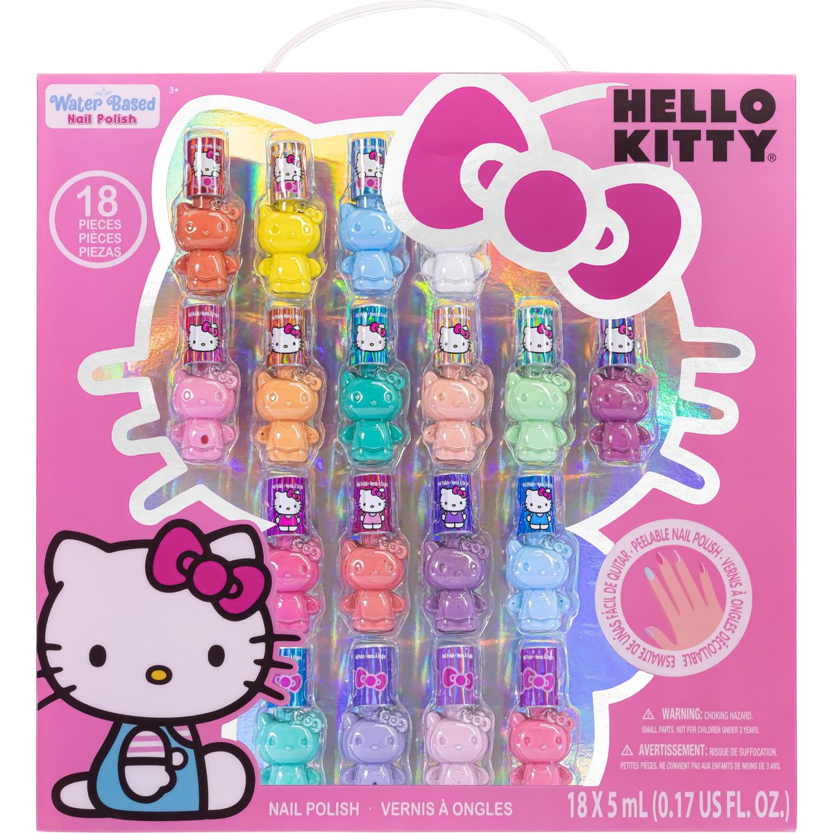 Townley Girl Hello Kitty Nagellack-Set für Mädchen ab 3 Jahren – 18-teiliges Peel-Off Nagellack-Set, wasserbasiert, schnell trocknend, ideales Geschenk für Geburtstagspartys, Übernachtungen und Makeover