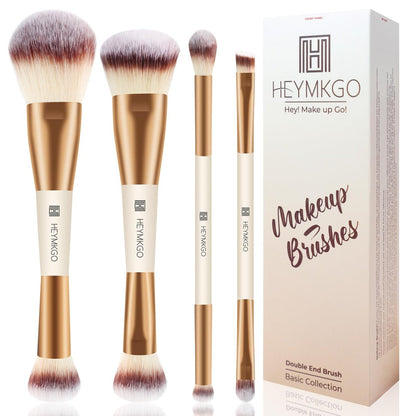HEYMKGO Makeup Pinselset, 4-teiliges Doppelend-Pinselset für Foundation, Contour, Puder, Concealer und Lidschatten – für flüssige, cremige und pudrige Texturen – Profi-Gesichtspinsel-Set (Apricot)