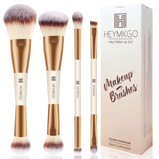 HEYMKGO Makeup Pinselset, 4-teiliges Doppelend-Pinselset für Foundation, Contour, Puder, Concealer und Lidschatten – für flüssige, cremige und pudrige Texturen – Profi-Gesichtspinsel-Set (Apricot)