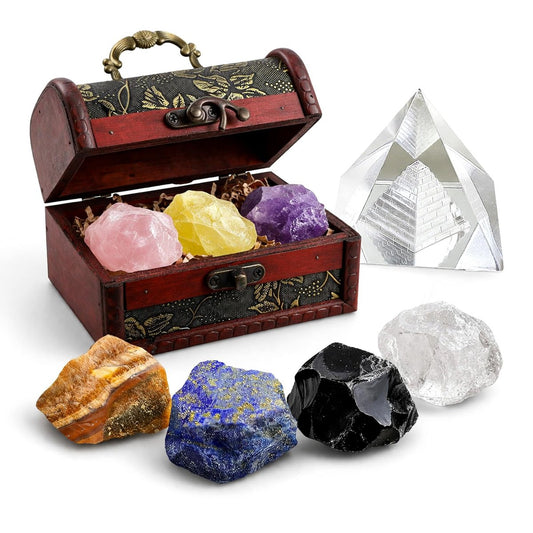 9-teiliges Heilsteine-Set mit Selenit-Pyramide, 7 Chakra-Steine, Naturkristalle in Holzbox – Meditation, Schutz, Energie – Geschenk für Frauen