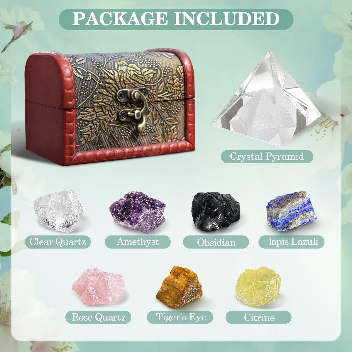 9-teiliges Heilsteine-Set mit Selenit-Pyramide, 7 Chakra-Steine, Naturkristalle in Holzbox – Meditation, Schutz, Energie – Geschenk für Frauen