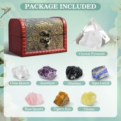 9-teiliges Heilsteine-Set mit Selenit-Pyramide, 7 Chakra-Steine, Naturkristalle in Holzbox – Meditation, Schutz, Energie – Geschenk für Frauen