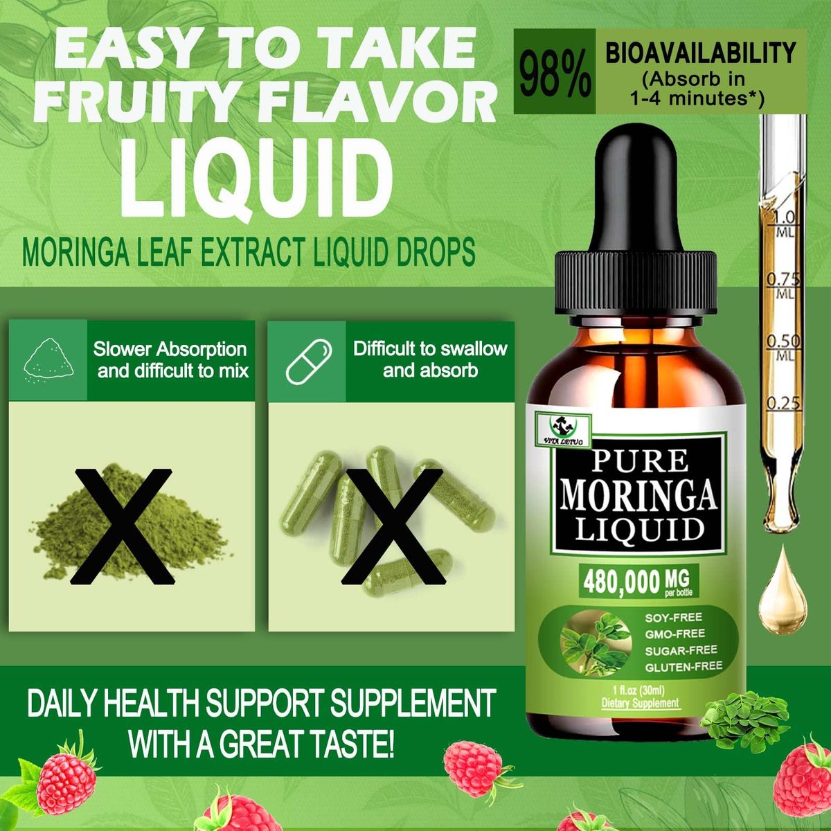 Bio Moringa Flüssigtropfen für Energie, Stoffwechsel & Immunsystem – 6-fach bessere Absorption als Pulver oder Kapseln – Grünes Superfood für Frauen und Männer