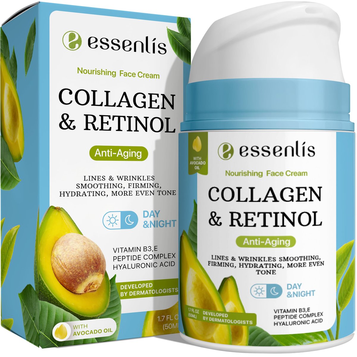 ESSENLIS Anti-Aging Gesichtscreme mit Kollagen, Retinol, Hyaluronsäure & Vitamin B – Tag & Nacht Feuchtigkeitscreme für Frauen & Männer, 50 ml