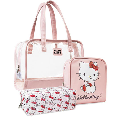 Get Trend Hello Kitty Kulturbeutel und Make-up-Tasche Set aus 3 Teilen für Frauen, Mädchen – Kawaii Reiseutensilien, Anime, Zippered Kosmetiktasche