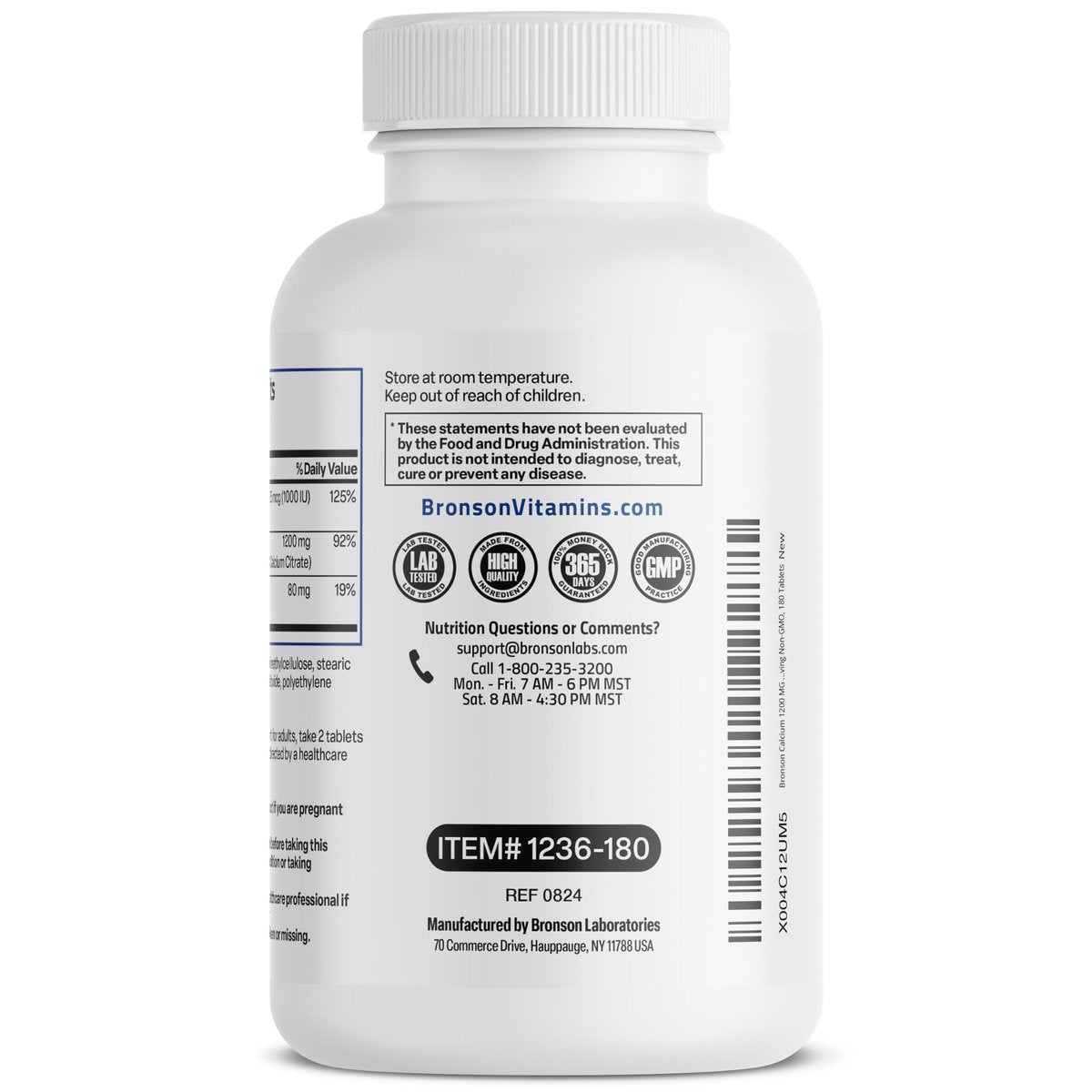 Bronson Calcium 1200 mg mit Vitamin D3 1000 IE pro Portion – 180 Tabletten, nachhaltige Freisetzung, Non-GMO
