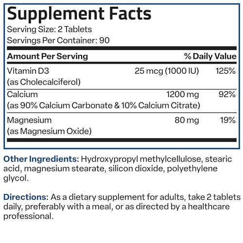 Bronson Calcium 1200 mg mit Vitamin D3 1000 IE pro Portion – 180 Tabletten, nachhaltige Freisetzung, Non-GMO