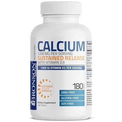 Bronson Calcium 1200 mg mit Vitamin D3 1000 IE pro Portion – 180 Tabletten, nachhaltige Freisetzung, Non-GMO