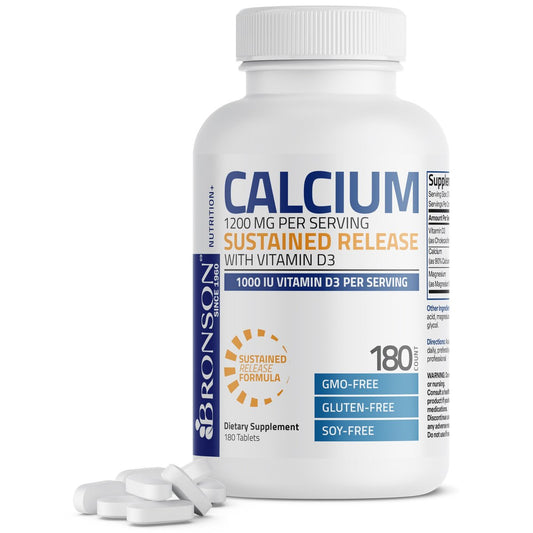 Bronson Calcium 1200 mg mit Vitamin D3 1000 IE pro Portion – 180 Tabletten, nachhaltige Freisetzung, Non-GMO