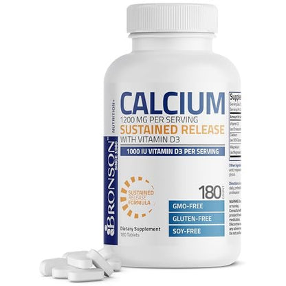 Bronson Calcium 1200 mg mit Vitamin D3 1000 IE pro Portion – 180 Tabletten, nachhaltige Freisetzung, Non-GMO