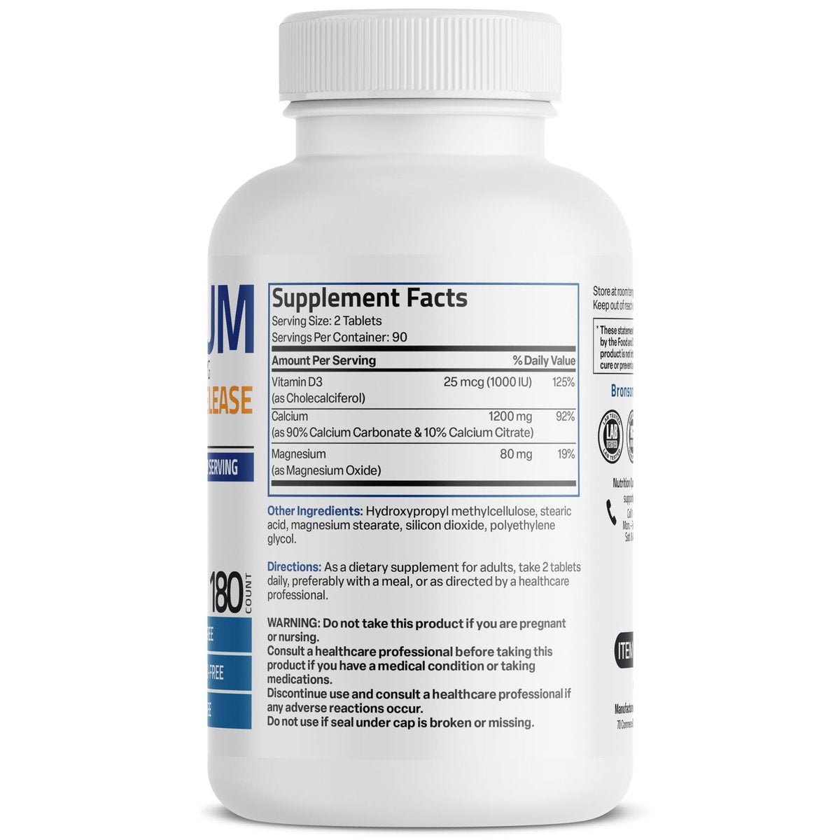 Bronson Calcium 1200 mg mit Vitamin D3 1000 IE pro Portion – 180 Tabletten, nachhaltige Freisetzung, Non-GMO