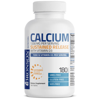 Bronson Calcium 1200 mg mit Vitamin D3 1000 IE pro Portion – 180 Tabletten, nachhaltige Freisetzung, Non-GMO