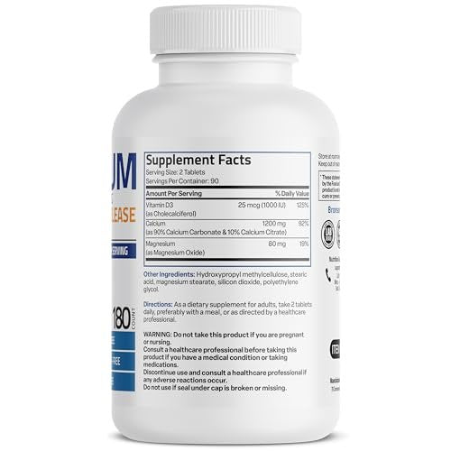 Bronson Calcium 1200 mg mit Vitamin D3 1000 IE pro Portion – 180 Tabletten, nachhaltige Freisetzung, Non-GMO
