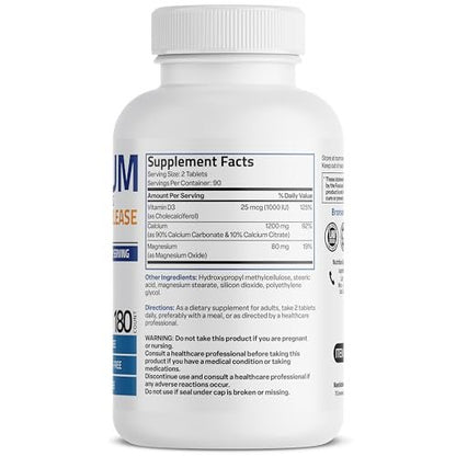 Bronson Calcium 1200 mg mit Vitamin D3 1000 IE pro Portion – 180 Tabletten, nachhaltige Freisetzung, Non-GMO
