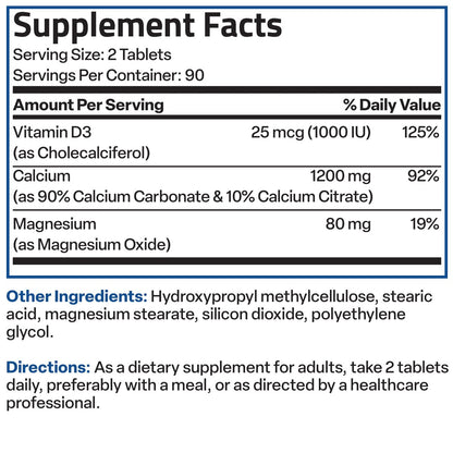 Bronson Calcium 1200 mg mit Vitamin D3 1000 IE pro Portion – 180 Tabletten, nachhaltige Freisetzung, Non-GMO