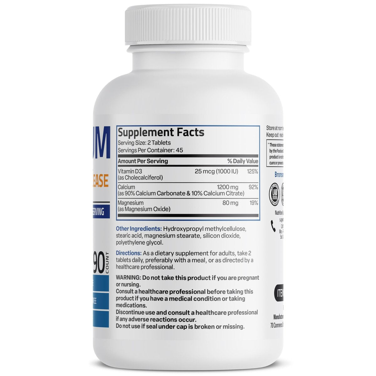 Bronson Calcium 1200 mg pro Portion mit verlängerter Freisetzung & Vitamin D3 1000 IE – 90 Tabletten